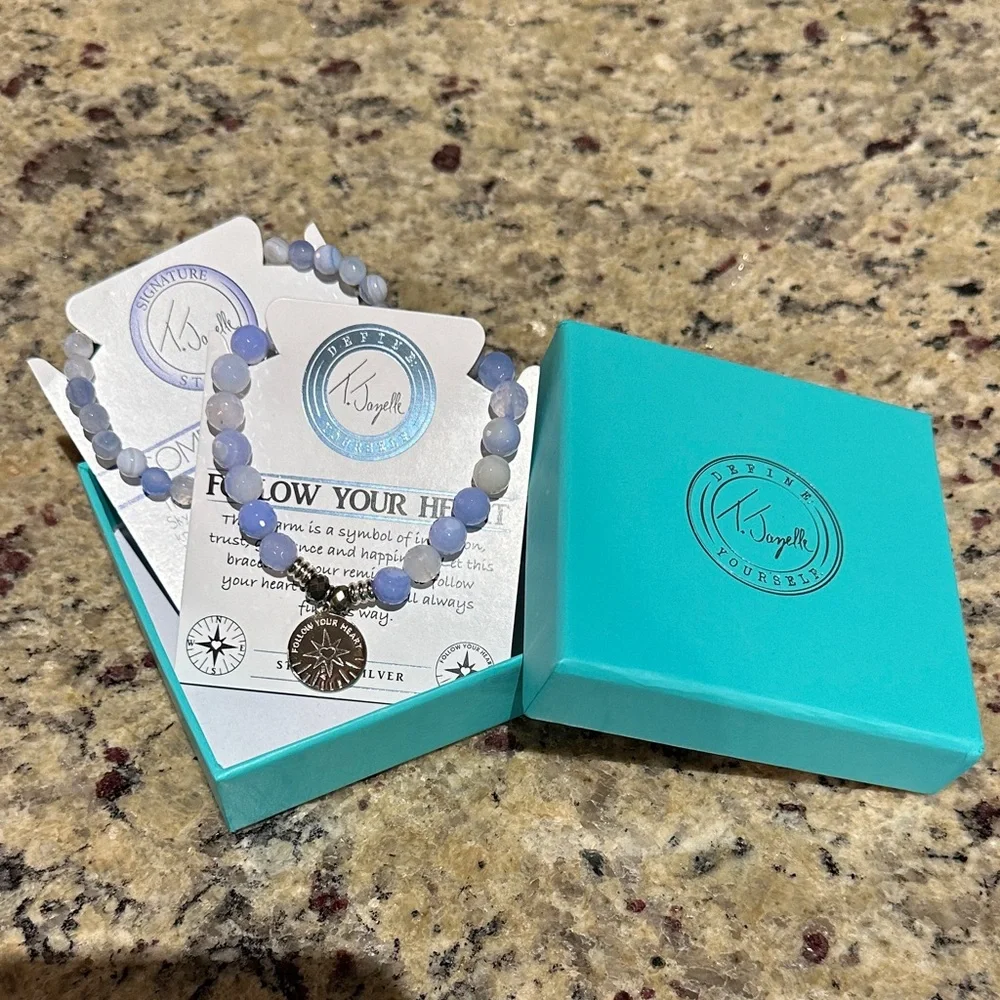 T. Jazelle Sky Blue Agate Bracelet Set - 6mm and 8mm Bracelet with Charm